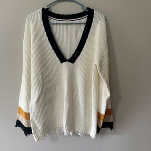POL V-Neck Distressed Sweater with Black and Orange Accents